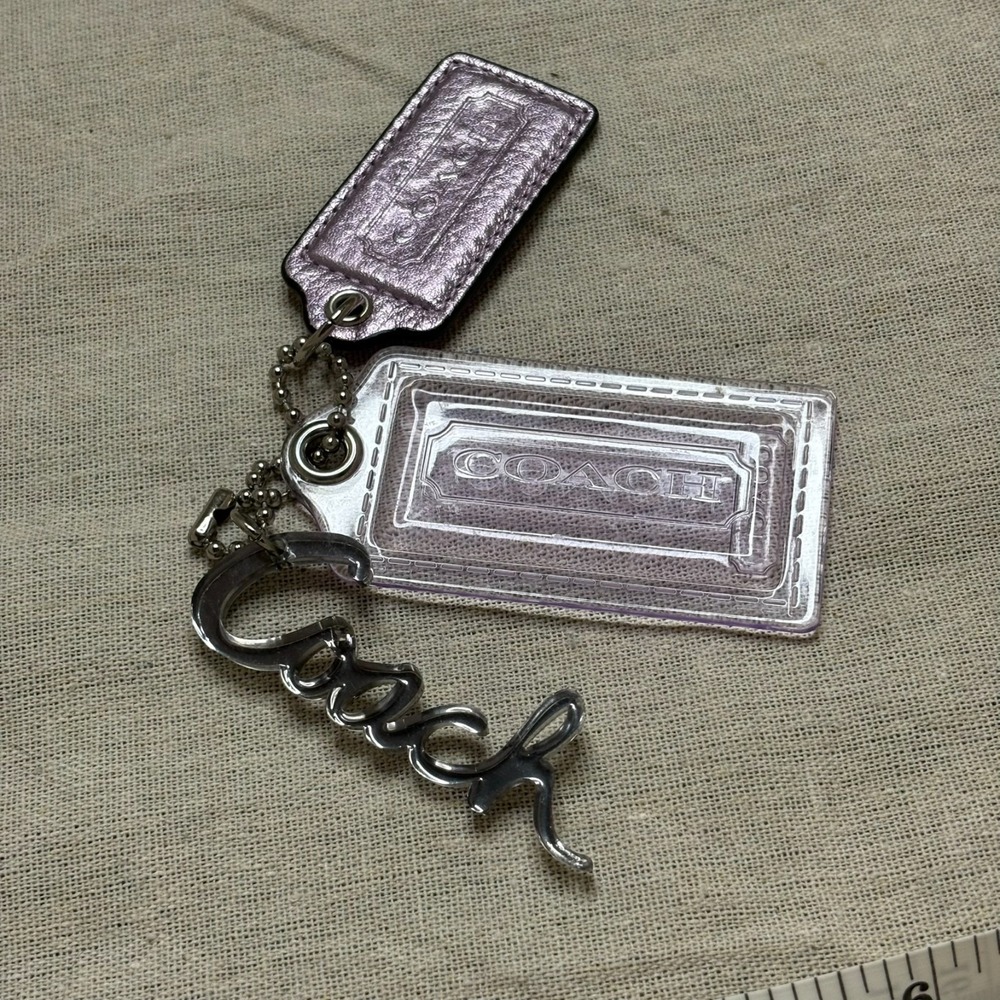 Lot (3) COACH Hang Tag 2.5" Metallic Lilac Leather, 3.5" Lilac Resin, 3" Script - Picture 2 of 6